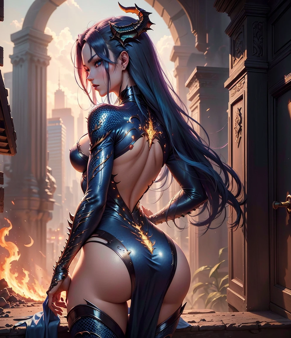 Beautiful painting of a seductive Succubus with a slender figure, large breasts that cascade down her chest, shapeless, long flowing hair adorned with small horns, and perfect features that exude an ethereal allure. She is wearing an extremely baroque, revealing dress that accentuates her shape, with intricate details that shimmer in the light. Her upper body is captured in a cowboy shot, facing the camera with a mesmerizing expression. The abstract beauty of her form is near perfection, radiating pure sensuality and dynamic energy. The ethereal background is filled with deep dark shadows, creating a dramatic contrast against the strong cinematic lighting and back