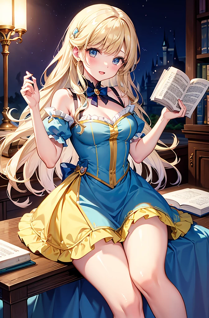 (medium portrait:0.7), (best illumination:1.1), (golden hair:1.1), 1girl, wolf ears, serious smile, intricate bra:0.6, moderate breast, (ayaka:1.2), in the middle of library, reading book, cleavage:0.8, (canine tooth:0.4)