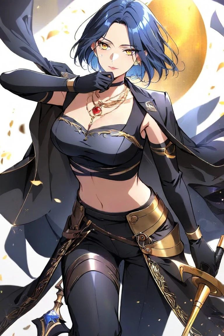 sarakujou, sara kujou, blue hair, short hair, swept bangs, (yellow eyes:1.5), BREAK bird mask, black gloves, black leotard, bracer, detached sleeves, elbow gloves, gloves, japanese clothes, jewelry, leotard, mask, mask on head, obi, pelvic curtain, pendant, sash, sleeveless, vision (genshin impact), wide sleeves, BREAK looking at viewer, BREAK outdoors, BREAK (masterpiece:1.2), best quality, high resolution, unity 8k wallpaper, (illustration:0.8), (beautiful detailed eyes:1.6), extremely detailed face, perfect lighting, extremely detailed CG, (perfect hands, perfect anatomy),