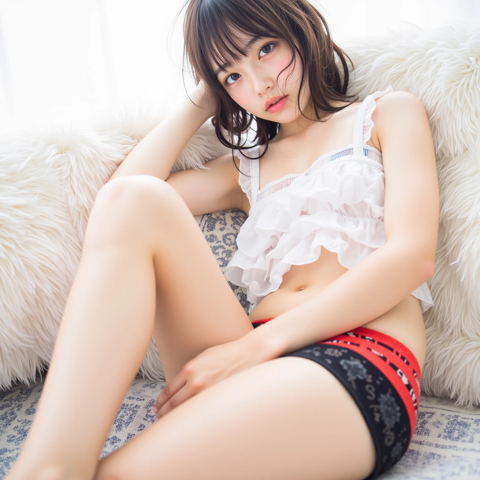 1 girl、(Japanese girl sitting on the sofa and showing off her panties:1.1)、parted lips、Expressionless、Mansuji、wet panties、small panties、realistic、tights、skirt、realistic skin texture、realistic、アップskirt、skirtリフト、highest quality、masterpiece:1.3、ultra high resolution、Angle of view from below:1.5、Panties close-up:1.55、embarrassed look、((spread your legs to the side:1.4))、((panty shot))、((look viewer:1.4))、the most beautiful girl in the world、Adachi Rika、bold pose、glamor shot、blush、((Stains on panties:1.3))、wet panties、(photorealistic:1.2)