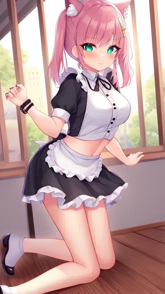 highest quality、masterpiece、((1 girl:1.5))、((smile:1.3))、(blush:1.4)、Black Shirt、blouse、((fun!!))、(Small breasts)、(Pink)、Blonde、(Long sleeve)、((White apron:1.5))、((Maid))、((hair ornaments)),、Kamimei、look at me、 ((in house:1.5))、 Taking a break from watching the audience、Cowboy Shot、((Shaved:1.5))、(Roll-up skirt:1.3)、(Fully exposed and highly detailed labia:1.5)、((Skirt lift:1.5)),()、()、、(スカート that rolls up:1.3)、()、Light blue eyes、long hair、Glowing Eyes