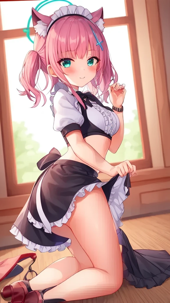 highest quality、masterpiece、((1 girl:1.5))、((smile:1.3))、(blush:1.4)、Black Shirt、blouse、((fun!!))、(Small breasts)、(Pink)、Blonde、(Long sleeve)、((White apron:1.5))、((Maid))、((hair ornaments)),、Kamimei、look at me、 ((in house:1.5))、 Taking a break from watching the audience、Cowboy Shot、((Shaved:1.5))、(Roll-up skirt:1.3)、(Fully exposed and highly detailed labia:1.5)、((Skirt lift:1.5)),()、()、、(スカート that rolls up:1.3)、()、Light blue eyes、long hair、Glowing Eyes