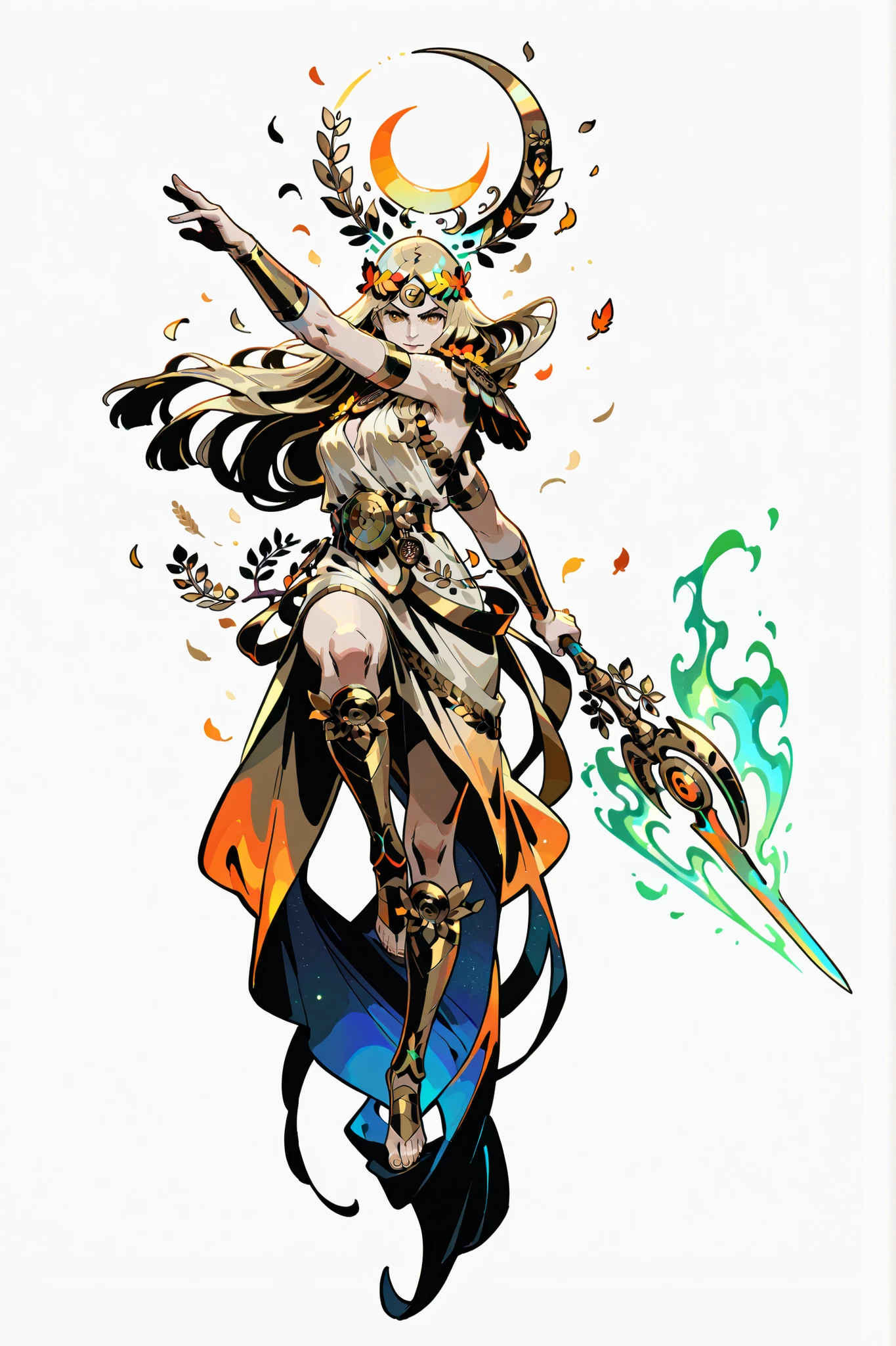 Greeks myth, elegant harvest sickle, glowing golden blade, engraved with vine and wheat motifs, ornate handle of dark wood and amber, ancient greek patterns, divine aura, light particles, ethereal glow, curved crescent blade, warm sunset tones, magical weapon, sacred relic style, concept art, stylized rendering, high contrast, supergiant games aesthetic goddess, dynamic pose, character design, Olympus, Hades style, bright colours, beautiful woman, autumn goddess, golden hair, amber eyes, flowing linen dress, wreath of wheat and berries, warm sunset light, soft freckles, gentle smile, detailed, soft lighning, greek myth inspired character, stylized art, thick black lineart, deep black shadows, vivid color palette, dramatic lighting, angular features, ornate armor, expressive pose, supergiant games style, hades character design, stylized anatomy, flowing hair, greek divine armor, glowing gold accents, confident expression, dramatic shadows, baroque greek motifs, inspired by Supergiant Games, Hades aesthetic, Anime, character, concept, black and white