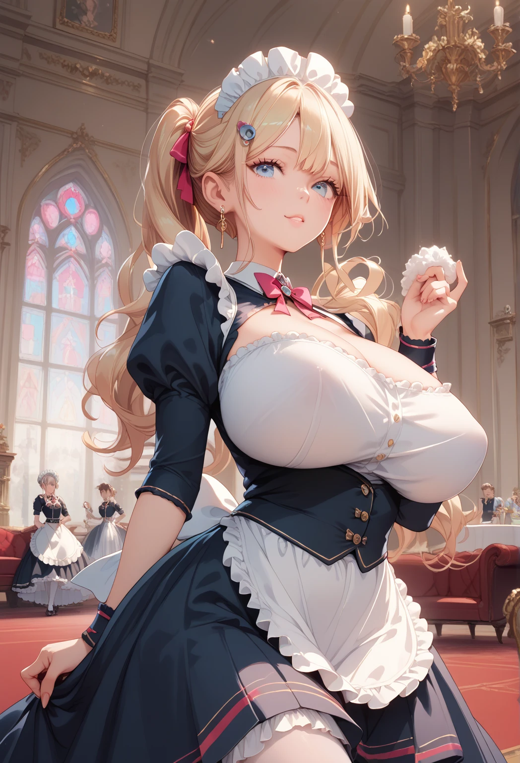 Beautiful woman, sparkling eyes, false eyelashes, pink lips, big and full breasts, two arms, Thumb and four fingers, anatomically correct fingers, detailed description, Plaid ruffle dress, Outing, Casual style, Outstanding style, ribbon