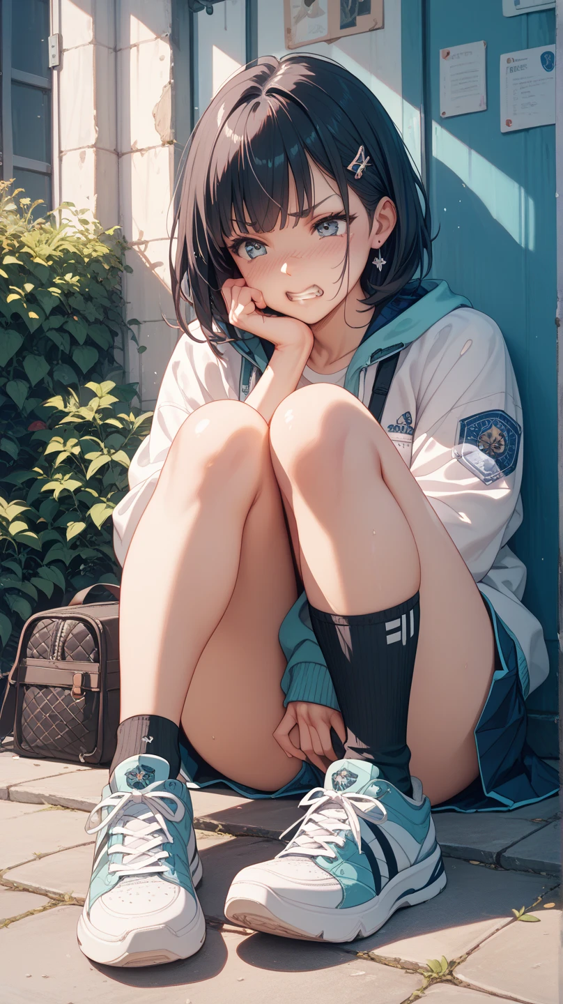 (8K, RAW Photos, Highest quality, masterpiece:1.2), High-quality RAW color photos, Professional photography, Cinematic Light, alone, (((young woman, Gal))), (Sharp features), (Small face), (Skin with attention to detail:1.2), clavicle, Cute face, Beautiful appearance, Long eyelashes, (Blue Hair, blue eyes, Shortcuts), Beautiful breasts, (Slim figure:1.4), Highly detailed face and skin texture, Micro Sweatsuit:1.2, Round Neck Shirt, Not wearing underwear, Light green bloomers, Wet, see-through clothes:1.1, loose socks:1.3, sneakers:1.5, (Sexy shot),Wet, Embarrassing, Sit on the stairs, School building stairs, Artistic painting, Attractive thighs, Open your thighs, (A very fine touch:1.2), (Open your mouth笑う), (Beautiful breasts), (concentrate), (sweating:1.2), (Open your mouth), Highly detailed face and skin texture, Look to the side, from before,(((Spread the word_feet, Pussy, Split_ feet, from before, I can see your underwear)))