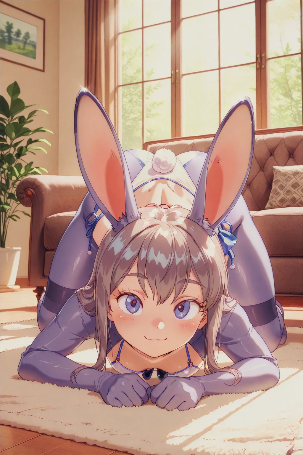 A happy obviously mechanical robot dog designed sexually satisfy women is licking a cute woman between the legs, bedroom
