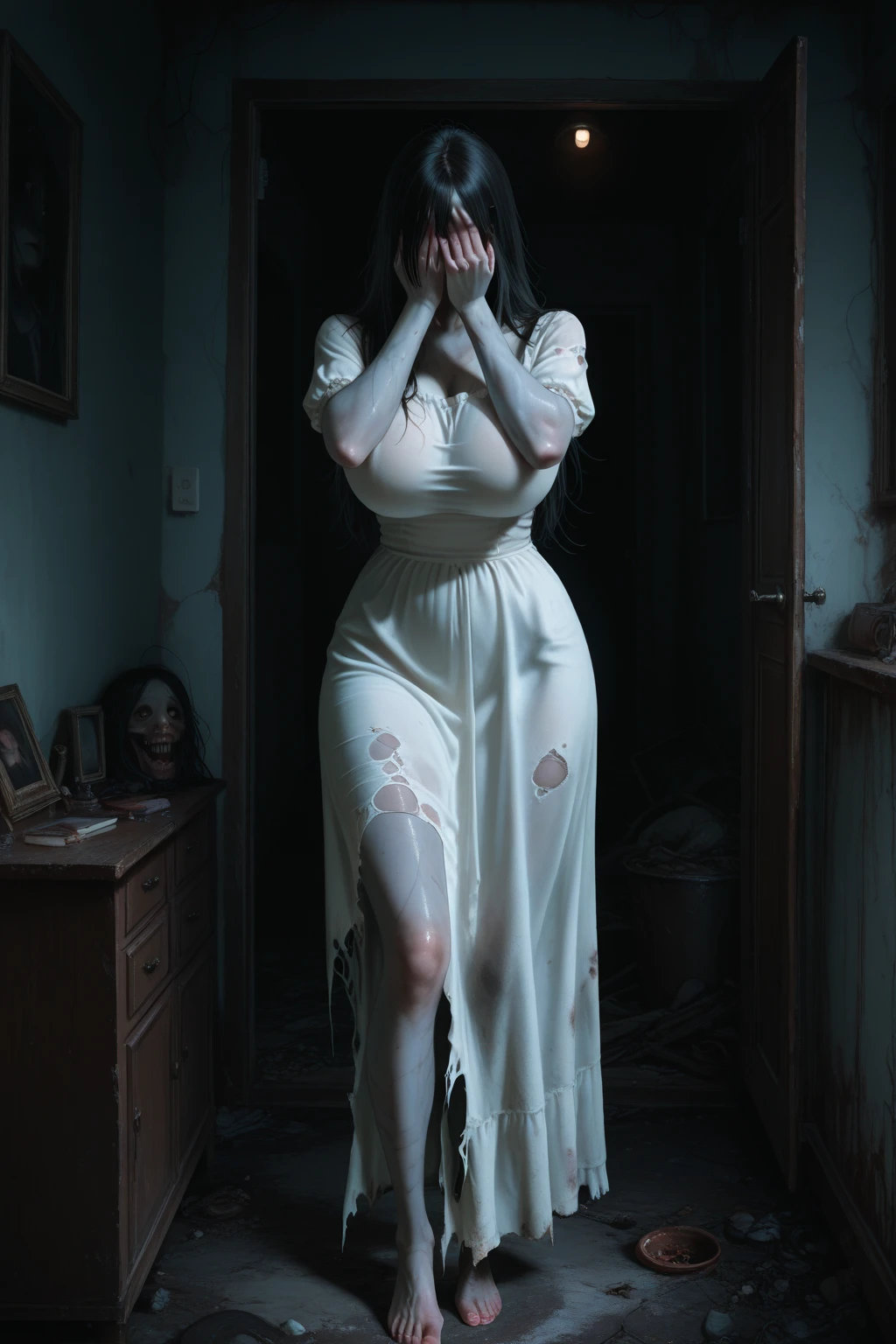 (masterpiece:1.1, Best Quality:1.1, 16K HDR, High resolution), (1girl in, Solo), Ultra-realistic portrait of Sadako Yamamura, the ring, Black hair, Long hair, (((Super Long Bangs, whole face are hidden due to super long bangs:1.1, ultra long bangs over eyes))), ((large boob, Large cleavage, Large breasts, huge tits)), in the abandoned building, Dark atmosphere, Realistic skin texture, (Perfect slim body style), (transparent dress, visible nipples under dress, no bra, Bare foots, No shoes), just standing,