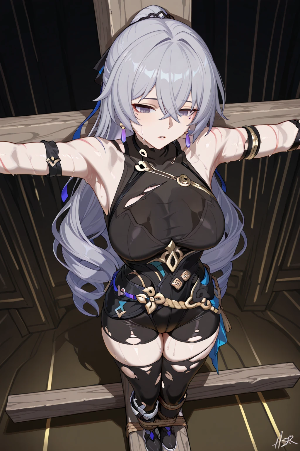 Couple臂向后, Suppressed的, Leaning forward, (masterpiece, Premium Quality: 1.2), alone, One person girl, Long Ponytail, Brown eyes, Savage costumes, Anxious face, Looking at the camera, In the dark basement, Cobblestones，strange and cold atmosphere, big, ((Wearing tattered medieval full-body bikini armour))), sexy white Shiny big, big cleavage, big汗淋漓, Red face, Depressed, Tie behind with a rope, Couple, rock, big, hands rock, Tied up, Tied up, slave first rounds, Chain around neck, Dark fantasy, , M-shaped , 用绳子将Couple手绑在背后, Silver Chain, , Couple, Hanging by chains, Being pulled by chains, Crotch opening, big, It&#39;s about to spill out of the costume.. Suppressed, Slavery, first round, Despised, Medieval Bikini Armor, Teardrops, mature , Charismatic, propose, Shiny skin, Shiny (Sweaty: 1.3), Exhausted,