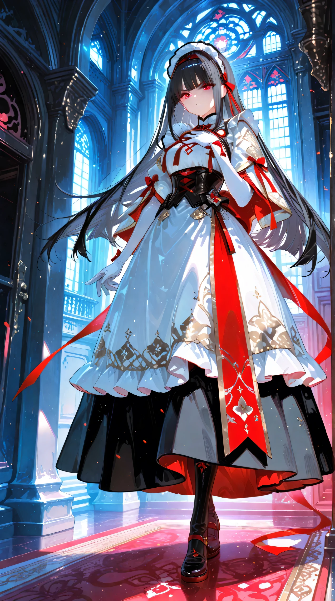 Hair style and color: Twin tails、Pink on the right、The one on the left is wearing a black bicolor head and a white hat.、The uniform is white and decorated with a red ribbon.、The jacket has black and red accents and gold chains.、The skirt is a white  with red frills and a black belt around the waist. The accessories are black gloves and a black ribbon around the waist.、The boots on the left foot are white and have a garter belt-like accessory attached.、The face is decorated with a red ribbon and shows a bright smile.、Her distinctive blue eyes give her a friendly impression.、Other features that emphasize the character's liveliness are the balance of the coloring, which is very appealing.、The visually appealing costumes incorporate military-style design elements.、It gives the character strength and elegance.