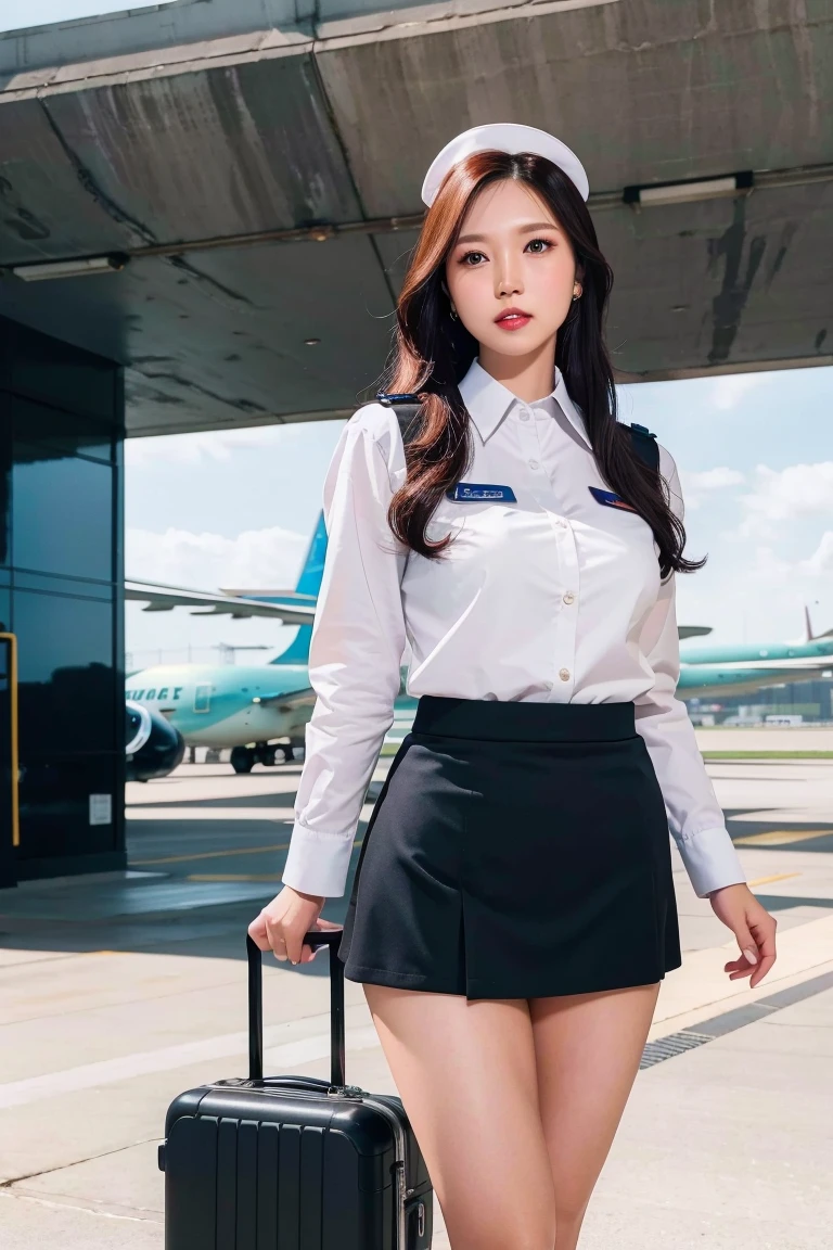 arafed woman in a skirt and tie standing in the open door of a plane, pilot girl, pilot outfit, business attire, in cockpit, elegant pose, cute pilot girl, on the runway, ready for a meeting, style of julia razumova, dominant pose, white shirt and green skirt, outside on the ground, doing an elegant pose