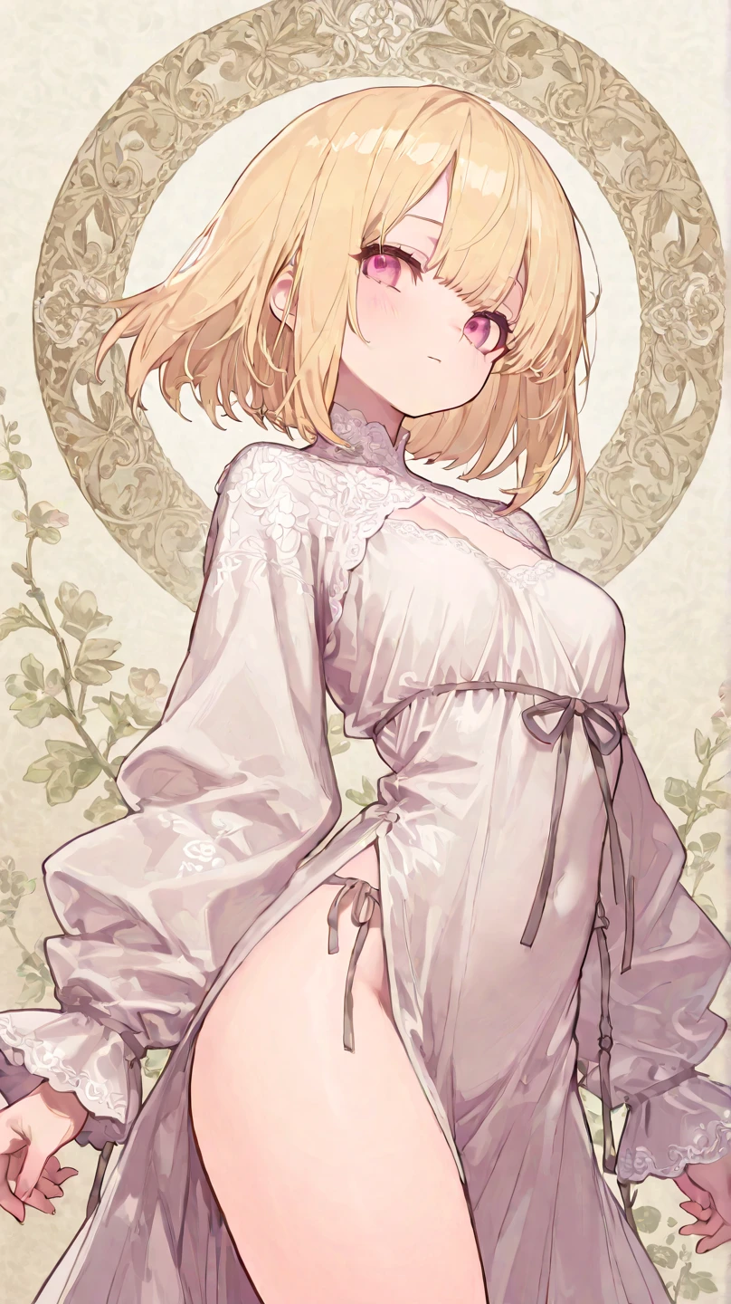 [1], Medium height blonde boy, gay, slicked back hair with two front strands, gold eyes, eyeliner highlighted on her tear ducts, submissive, fine ranges, delicate, delicate hands, curvy thighs, small waist, dress, lingerie, dark transparent open short robe, black panties, long dark thigh high stockings, apariencia submissive, sitting on a bed, cherry blossoms, Boku no hero academia, Hawks 