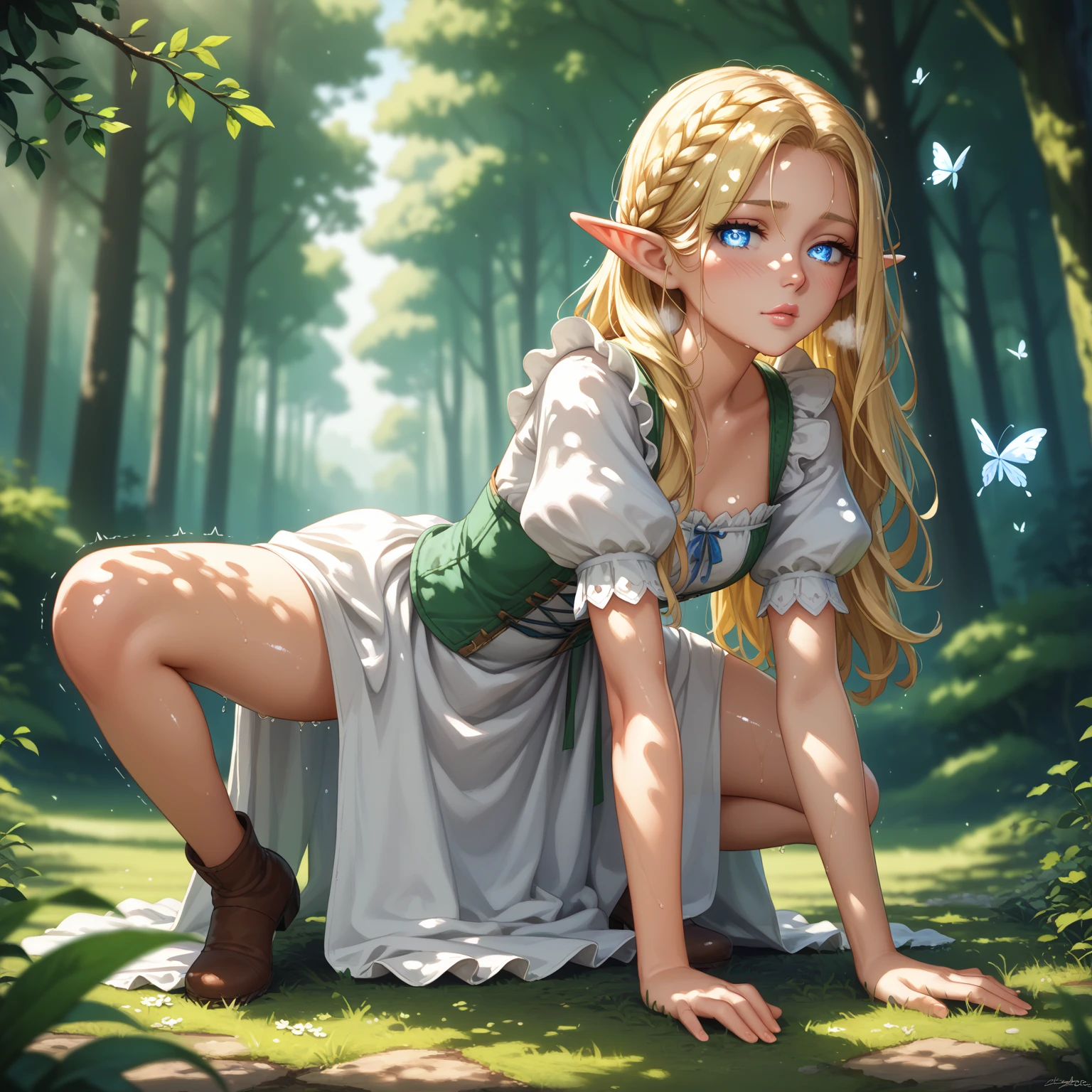 (Tinker Waifu:1), smile, sexly, light green fairy dress, light green high heels, Cheeky pose, look at the viewer, big boobs, Neckline, moño de un alone cabello, shorth hair, (Green strapless dress:1), (Feenflügel), (Focus on breasts:1.2), from above, (Realist:1.2), (真实感), (​masterpiece:1.2), (best quality), (extremely detail), (8k, 4K, complicated),(Full body photo:1),(Cowboy-shot:1.2), (85mm),partículas de light, Turn on, (Very detailed:1.2),(detailed face:1.2), (Color gradients), Noticeable,(detailled eyes:1.2),(detailed background),detailed landscape, (dynamic angle:1.2), (dynamic pose:1.2), (third rule_Komposition:1.3), (method:1.2), Allgemein plan, light, alone, sexly, Show skin, person, auf dem Bauch liegend tied up schaukelt in der Luft。A scene with sunlight, that falls through the trees, Bondage, tied up, showing naked swollen vagina, showing naked swollen vagina, Show vagina, big curvy chest , Viewer from below, kompletely naked, without cloth, clothless, zwischen den Bäumen from above herunter fallend tied up an den Handgelenken und Füßen, chained in the air, Falling from the tree, spread legs, legs wide open