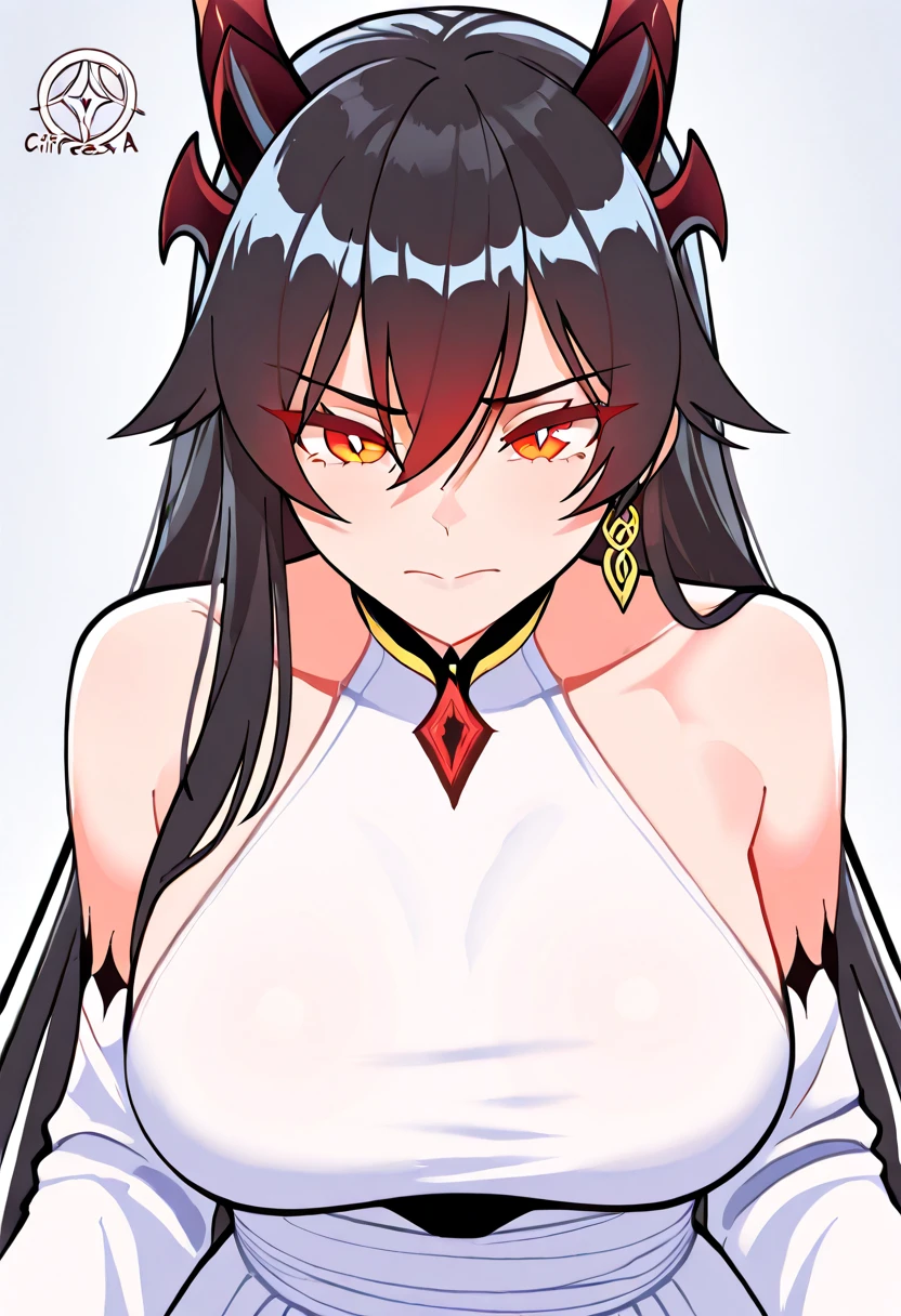 oni girl, 0n1, oni horns, red eyes, evil smile, show teeth, fangs, red skin, dark hair, long hair, messy hair, shimenawa, hourglass body shape, robust, sexy japanese clothes, yomi background, sadistic, cleavage, skindentation, huge breasts, wide hips, confident pose, hands up, bare hips