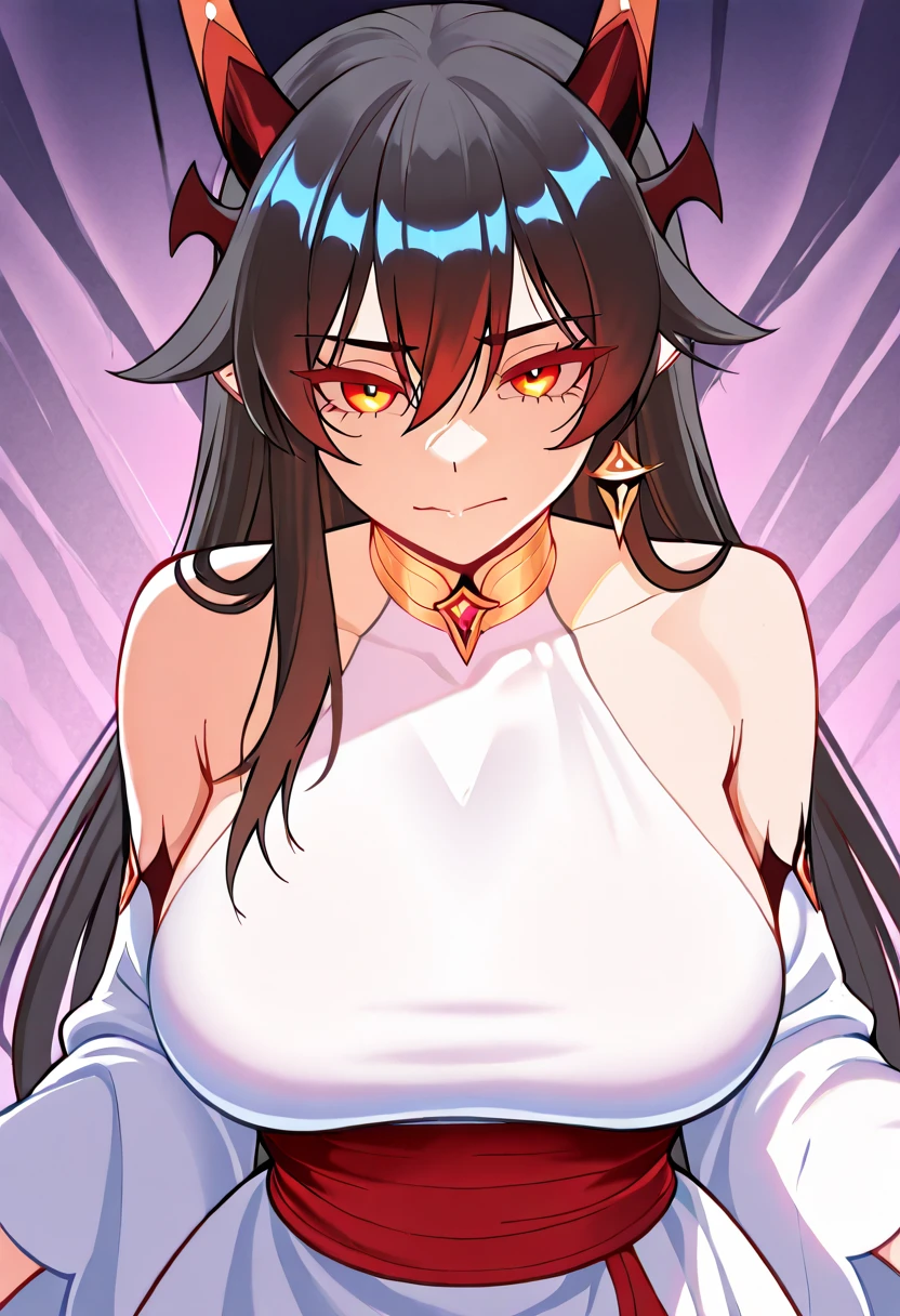 ratatatat74, ((Illustration)), (best quality)), ((masterpiece)), (detailed), anime, nun, sesshouin kiara, breasts, yellow eyes, horns, veil, long hair, huge breasts, black hair, collarbone, forehead mark, bare shoulders, facial mark, multicolored hair, chest tattoo, tattoo, cleavage, pink hair, detached sleeves, wavy hair, bangs, very long hair, gradient hair, pink lips, thighhighs, sideboob, pink thighhighs, blond