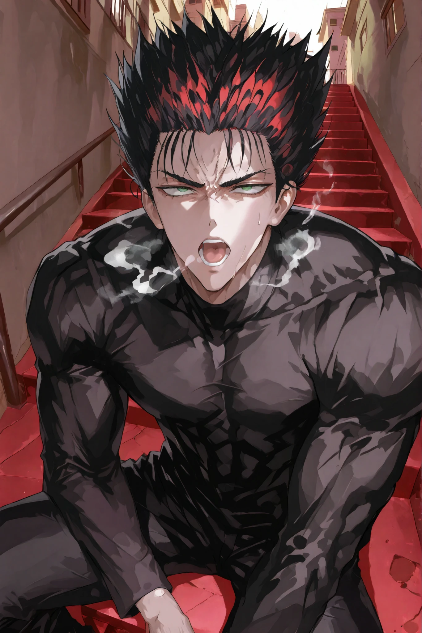 anime character with green hair and green eyes standing in front of a building, gapmoe yandere grimdark, gapmoe yandere, kaneki ken, ken kaneki, ( ( ( anime ) ) ), yukio - e, official art, inspired by Munakata Shikō, style of madhouse anime, hunter x hunter
