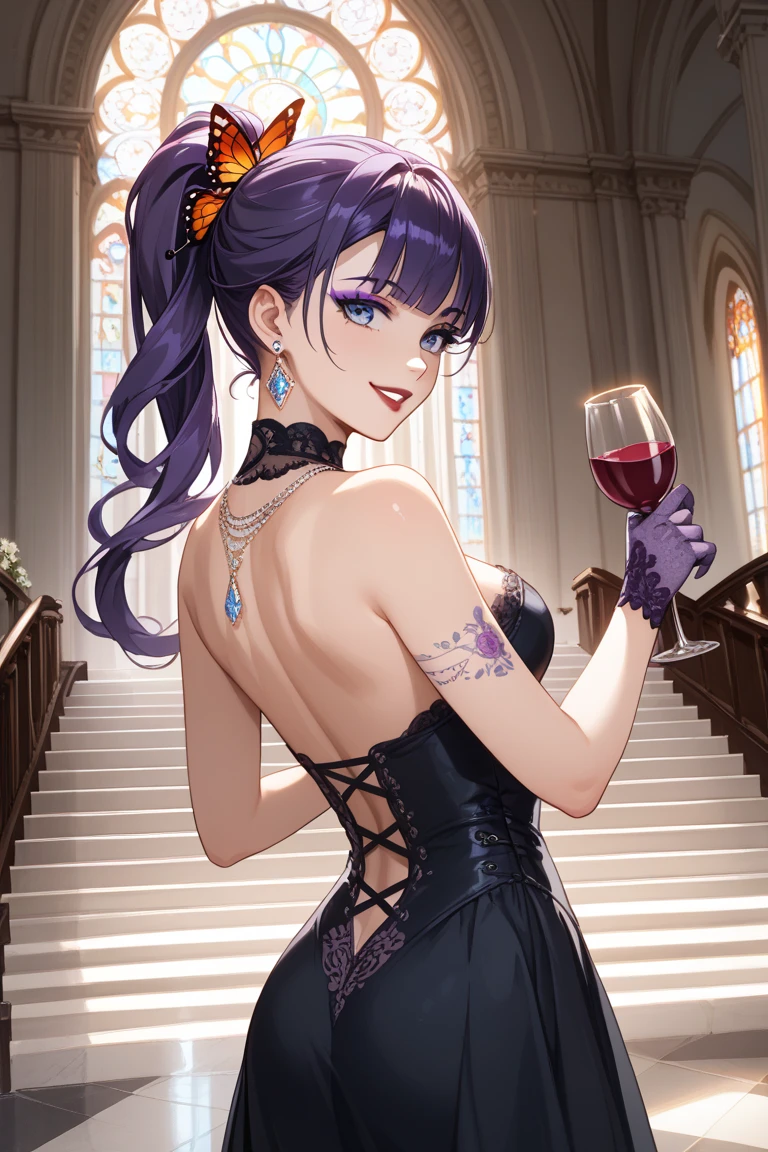 Ultra detailed image of 18 years old Tifa Lockhart, mischievous eyes, short messy hair, extremely sexy, drunken look, sitting on the table, short purple formal dress, in dinamic, smiling, vivid colors, intricate details of her beautiful eyes and perfect face, rim light.
