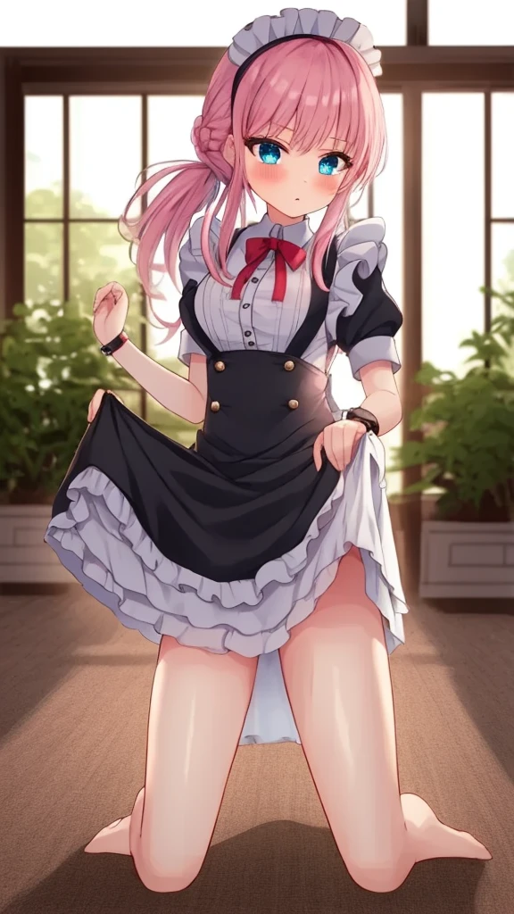 One girl, Cosmetan, methane, Twin Drill, Pink Hair, blue eyes, dress,  Outdoor, Fallen leaves, (((skirt lift))), (((white panties, White garter belt, white garter hose))), (((From below))),