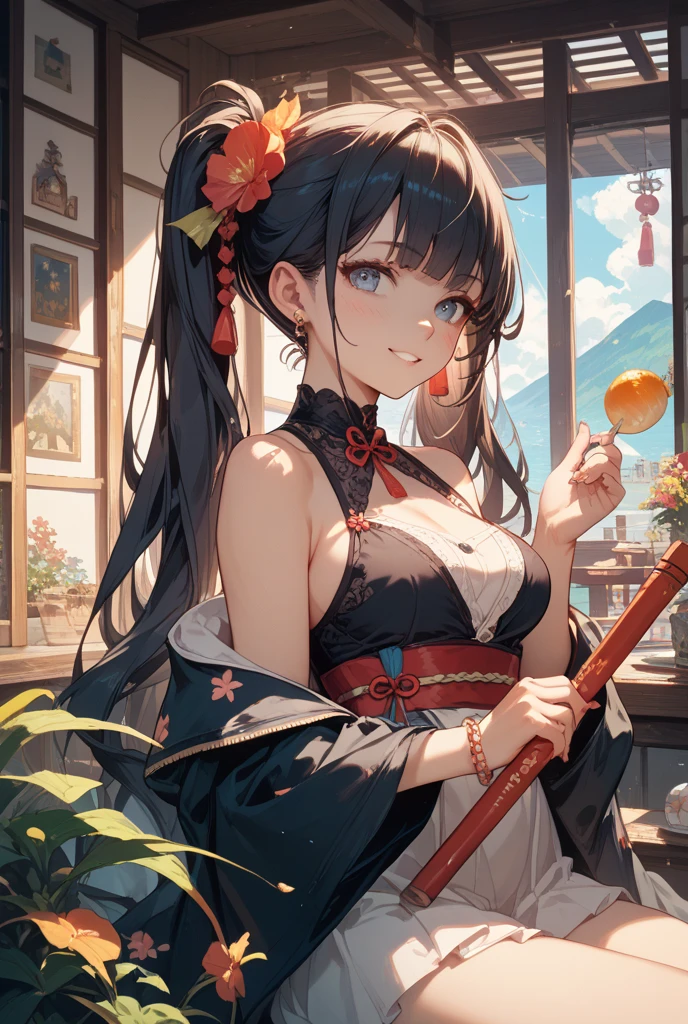 Masterpiece, Best quality, A high resolution, 1girll, sakamata chloe, Solo, whaite hair, Medium breasts, Red eyes, Japanese clothes, multicolored hair, hair adornments, cleavage, Black hair, hair flower, Striped hair, komono, bangs, White kimono, single hair bun, hair stick, Chest sarashi, Budget sarashi, Fang, choker necklace, nipple tassels, thigh band, Wide sleeves, cropped shoulders, Cowboy shot, Shrine, standing, Outdoors, Smile, --auto