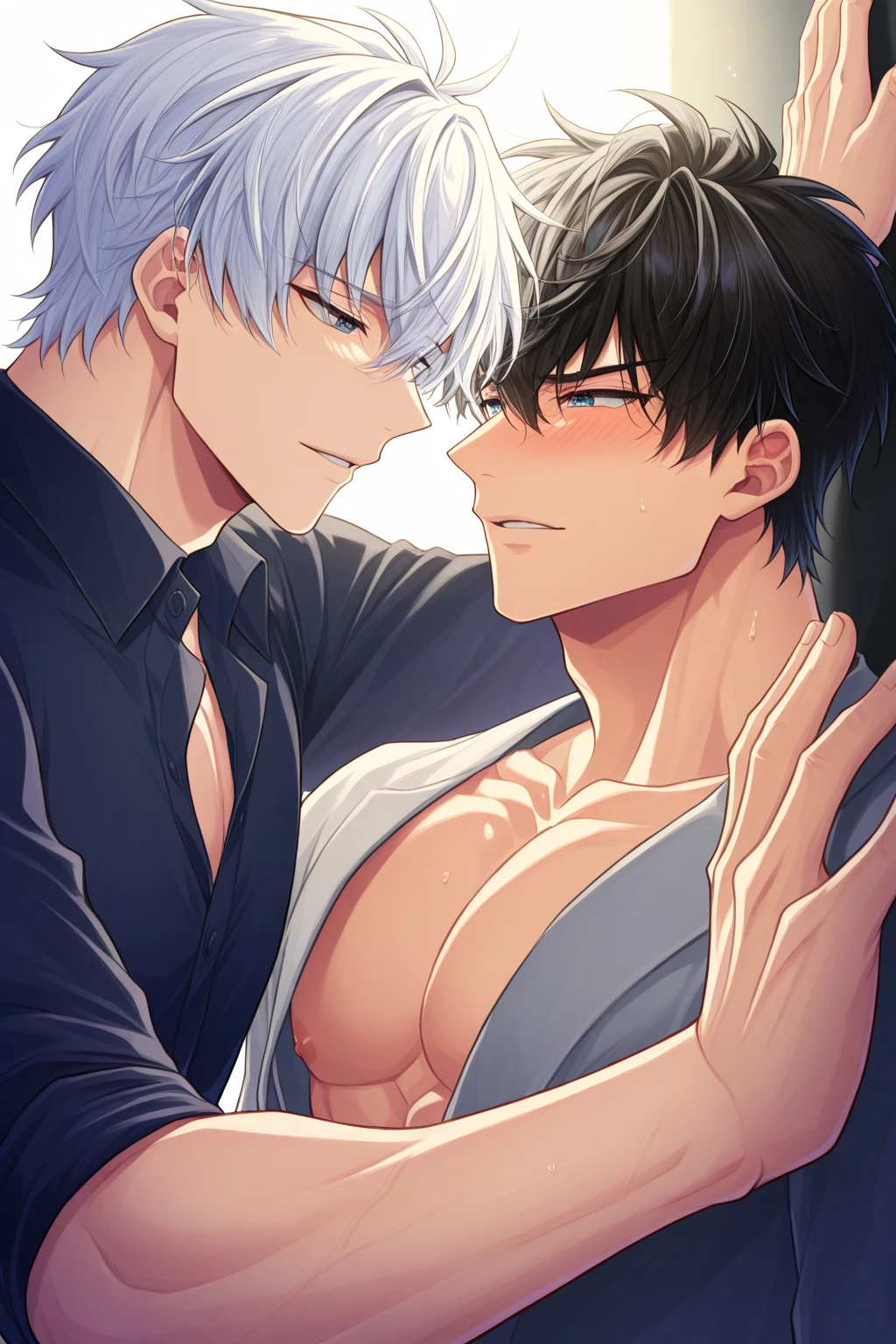 abs bishonen 28years-old ((muscular)) 1(((guy))) doggstyle anal sex fellatio blowjob,(((cum on throat))),multiple males,NSFW,nightclub,bed,choker,yaoi,bl,cock ring,(((wet open shirt))),erection penis,oil,wet,sweat,steam,((blush)),((in heat)),open mouth,drooling,2fat man grab guy’s handjob erection penis cum on body,lightpurplehair,lightblueeyes,masterpiece,(((gay))),(shiny)-((tan-skin)),male swimwear tanline,looking another,score_9, score_8_up, score_7_up, best quality, official art, official style, anime_caption, game cg, megami magazine, source_anime,nude,no underwear,double handjob,dry orgasm,nipple piercing bar, pubic stubble,pinching nipple,
