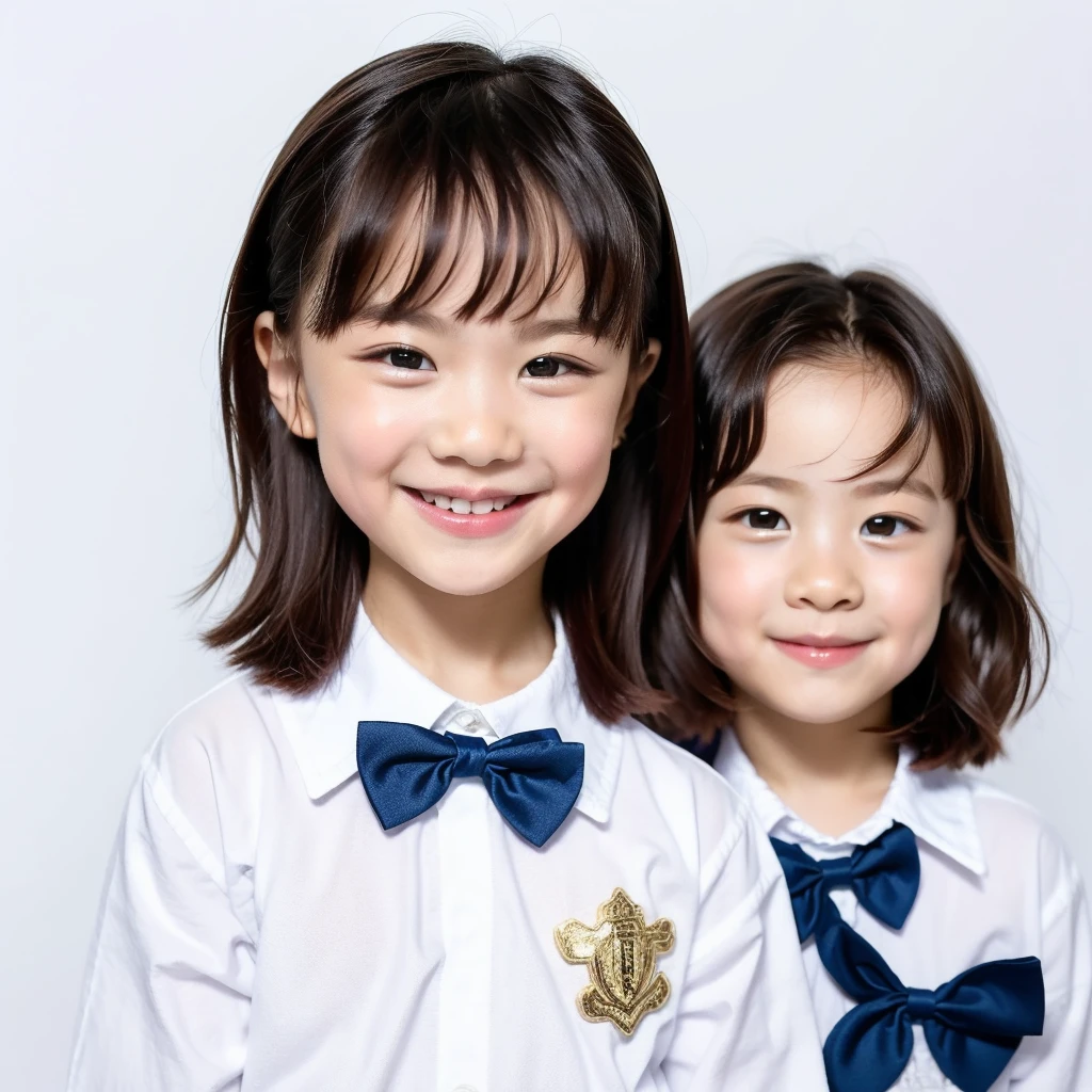 Modern style, white background, children's ID photo, cute, smiling girl, dark eyes, short hair, bow tie, clear, high quality