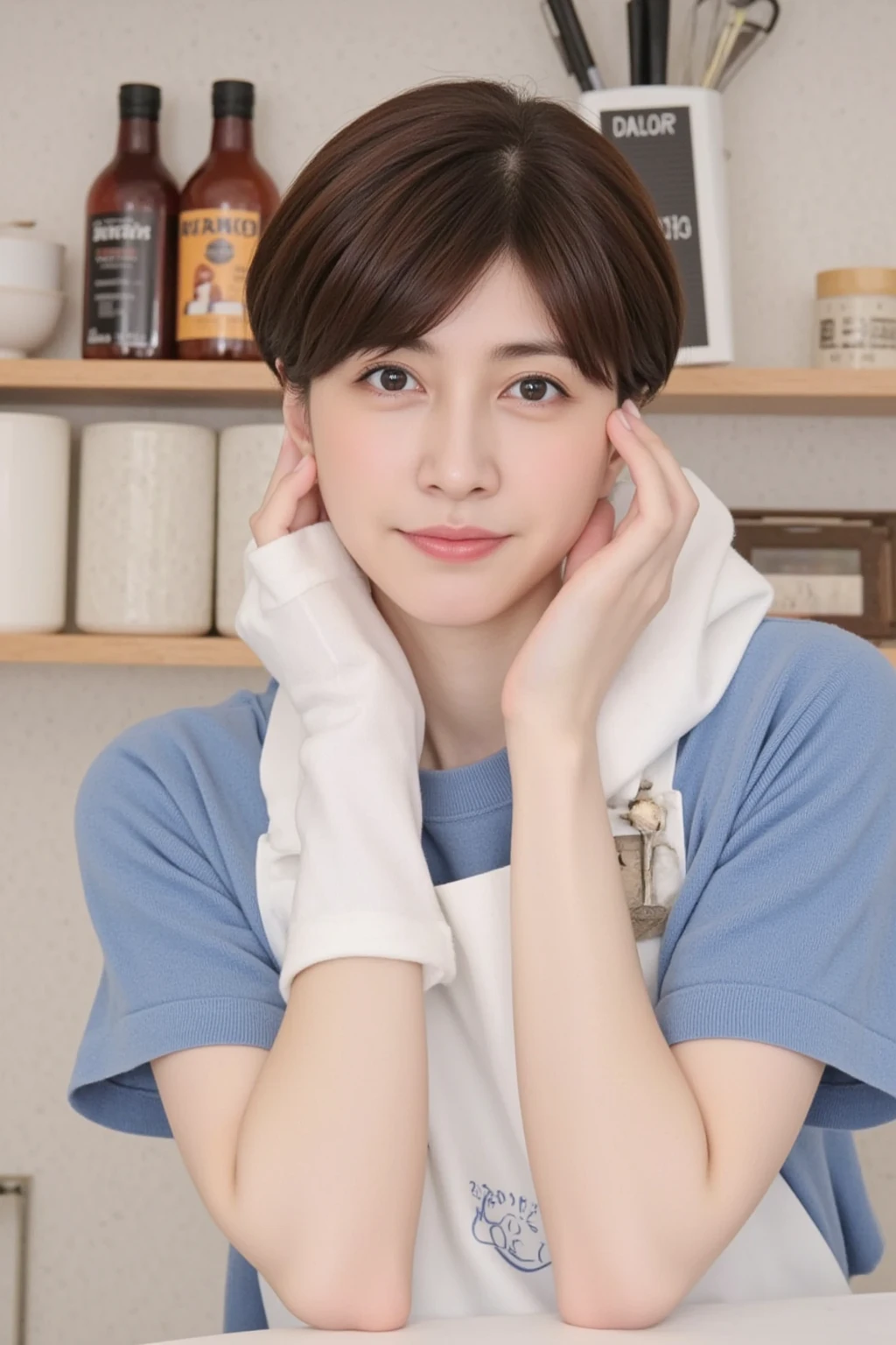 Ultra-realstic capture,Highly detailed,High resolution 16k close-np of human skin,Skin texture must be natural,With such detail that pores can be finely identified,(Best quality, Masterpiece, UHD:1.4),Photo of Pretty Japanese woman,Cinematic bokeh photo,looking at viewer,cowboy shot,(common man:1.4),A beautiful middle-aged woman in a blue shirt dress is looking at you、