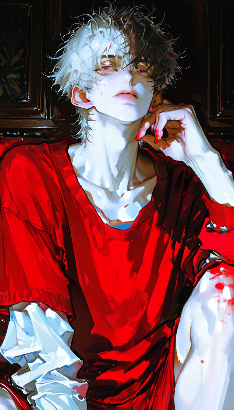 (masterpiece), Detail painting, Oil painting, high res, detailed face, detailed body, 1 man, tied to a chair, full body shot, blindfolded, red robed, short black hair, scarred neck, ripped jeans, shirtless, front shot