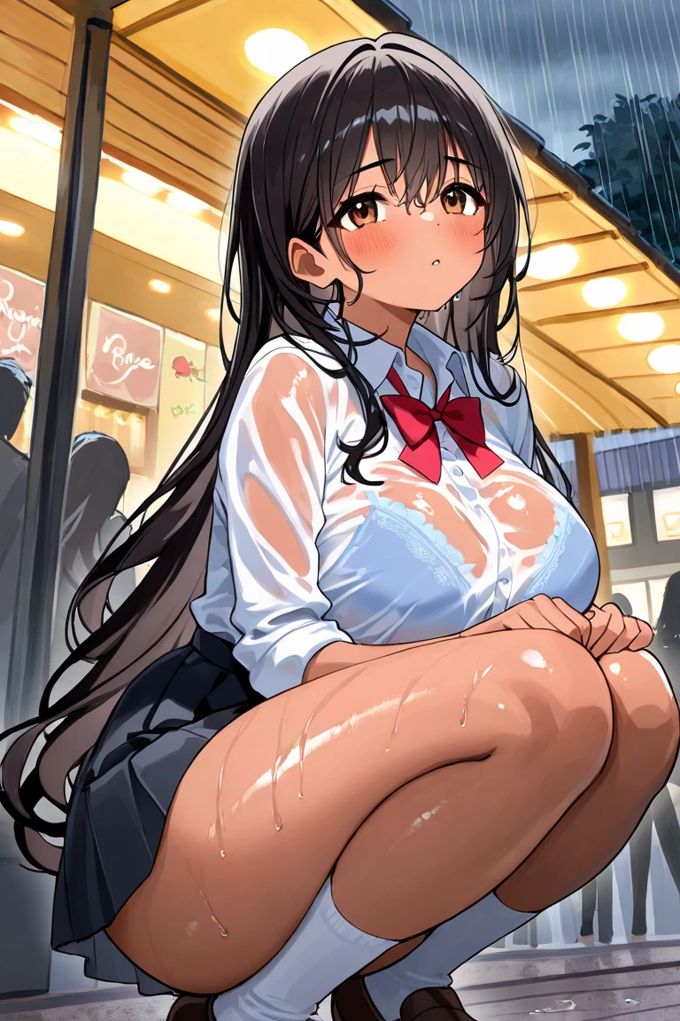 (((masterpiece, Highest quality:1.3,absurdres))),25 year old beauty,solo,((very small head:1.3)),long hair,bangs,dark blue hair,dark blue eyes,gorgeous eyes,shy,tears,tongue、drooling,medium breasts,((very long body:1.3)),((toned body,slender body)),skinny,((tan skin)),gleaming skin,shiny skin,sweat,((incontinence,Urine dripping down thighs)),(White tank top、Yellow pleated mini skirt),barefoot、arms up,sitting,spread legs,on street,Back Alley、New York City、