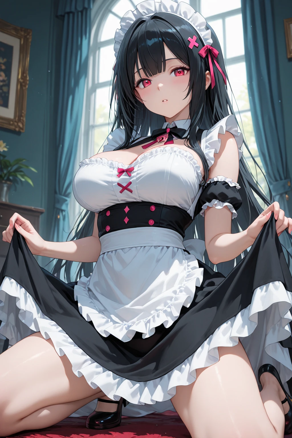 (huge breasts), bare shoulder, ((masterpiece)), ((best quality)), cute girl, long hair, maid uniform