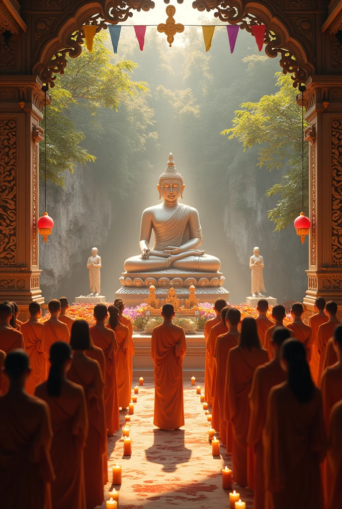Thai people sit and pay respect to the Buddha in the center of the picture.,Scene at the forest temple ,Real picture