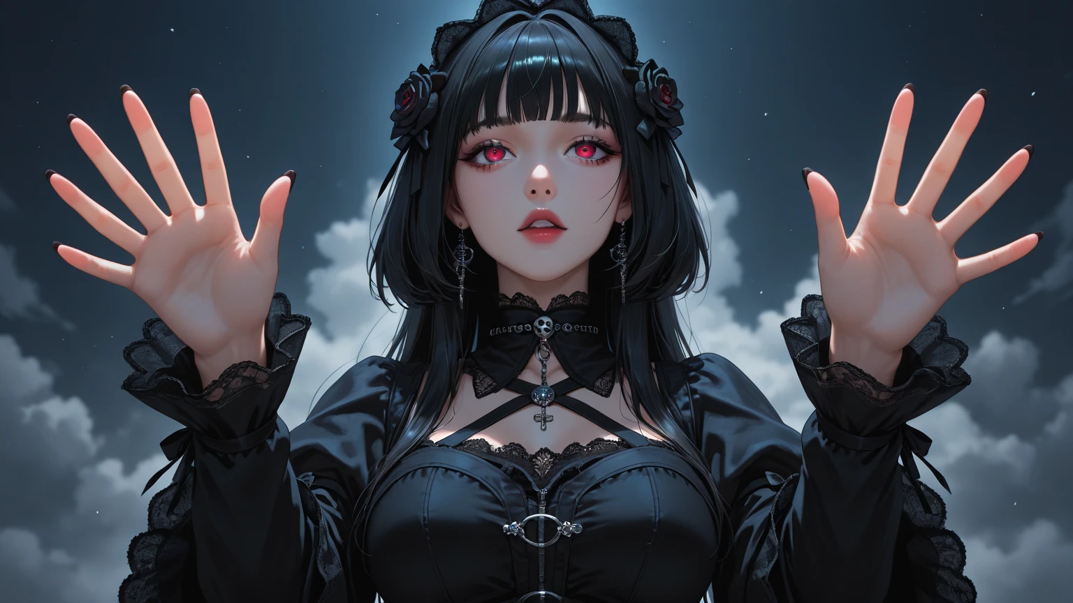 (digital painting),(best quality), masterpiece, 8k resolution, (dark mood background:1.4), dark fantasy, vintage 80s style, oil painting, anime girl, one girl, solo, beautiful girl, goth girl, pale skin, big breast, seducing, dressed, (sad face: 1.2), big eyes, (red eyes:1.2), glowing eyes, (very detailed eyes:1.4), cute girl, short hair, black hair, fishnet clothes, crown, dramatic lighting, deep shadows, (view from above:1.2), looking upwards, (wide angle lens distortion:1.2)