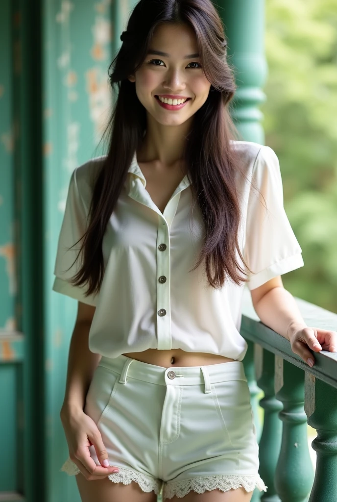 Open shirt, (((Leaning forward))), ((Round face, Around 17 years old,mini skirt、Loose chest)), Long Hair, , Natural Makeup, Lips become thicker, Sweet gaze, barefoot, ((Leg spread)), Shooting from below,A sweet expression ,((Very precise and accurate anatomy)), (masterpiece:1.43), Perfect Proportions, Realistic photos, Full Shot, whole body, (height: 157cm),