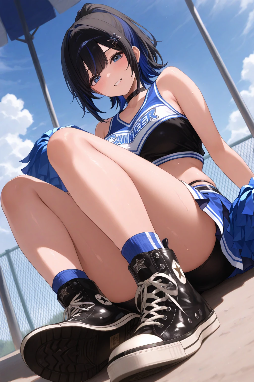 (8K, RAW Photos, Highest quality, masterpiece:1.2), High-quality RAW color photos, Professional photography, Cinematic Light, alone, (((young woman, Gal))), (Sharp features), (Small face), (Skin with attention to detail:1.2), clavicle, Cute face, Beautiful appearance, Long eyelashes, (Blue Hair, blue eyes, Shortcuts), Beautiful breasts, (Slim figure:1.4), Highly detailed face and skin texture, Micro Sweatsuit:1.2, Round Neck Shirt, Not wearing underwear, White bloomers, Wet, see-through clothes:1.1, loose socks:1.3, sneakers:1.5, (Sexy shot),Wet,  Embarrassing, Sit on the stairs, School building stairs, Artistic painting, Attractive thighs, Open your thighs, (A very fine touch:1.2), (Open your mouth笑う), (Beautiful breasts), (concentrate), (sweating:1.2), (Open your mouth), Highly detailed face and skin texture, Look to the side, from before，(((Spread the word_feet, Pussy, Split_ feet, from before, I can see your underwear)))
