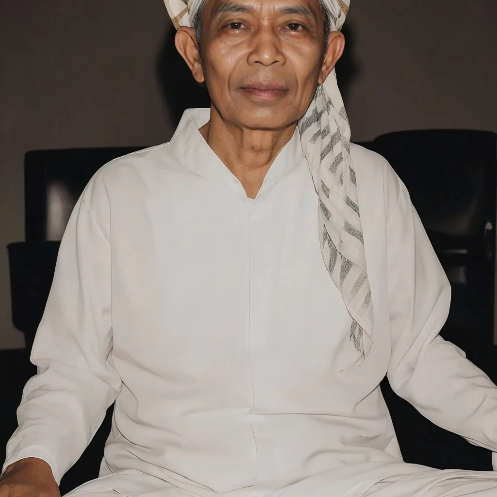 Indonesian Muslim men aged 50 years and over. Brown skin color wrinkled according to age. Wearing a white head covering and Islamic clothes of the past in white without crust. Wearing a sarong with a black and light blue striped checkered pattern. Daimon face shape, chin looks pointed. High nose, thin lips. Closed mouth. Eyes look narrow, clean, natural black. Long and thick black eyebrows slightly gray. Big ears. Looks facing the camera with a slightly bent head. Maintain original facial expression. Realistic HD quality image.