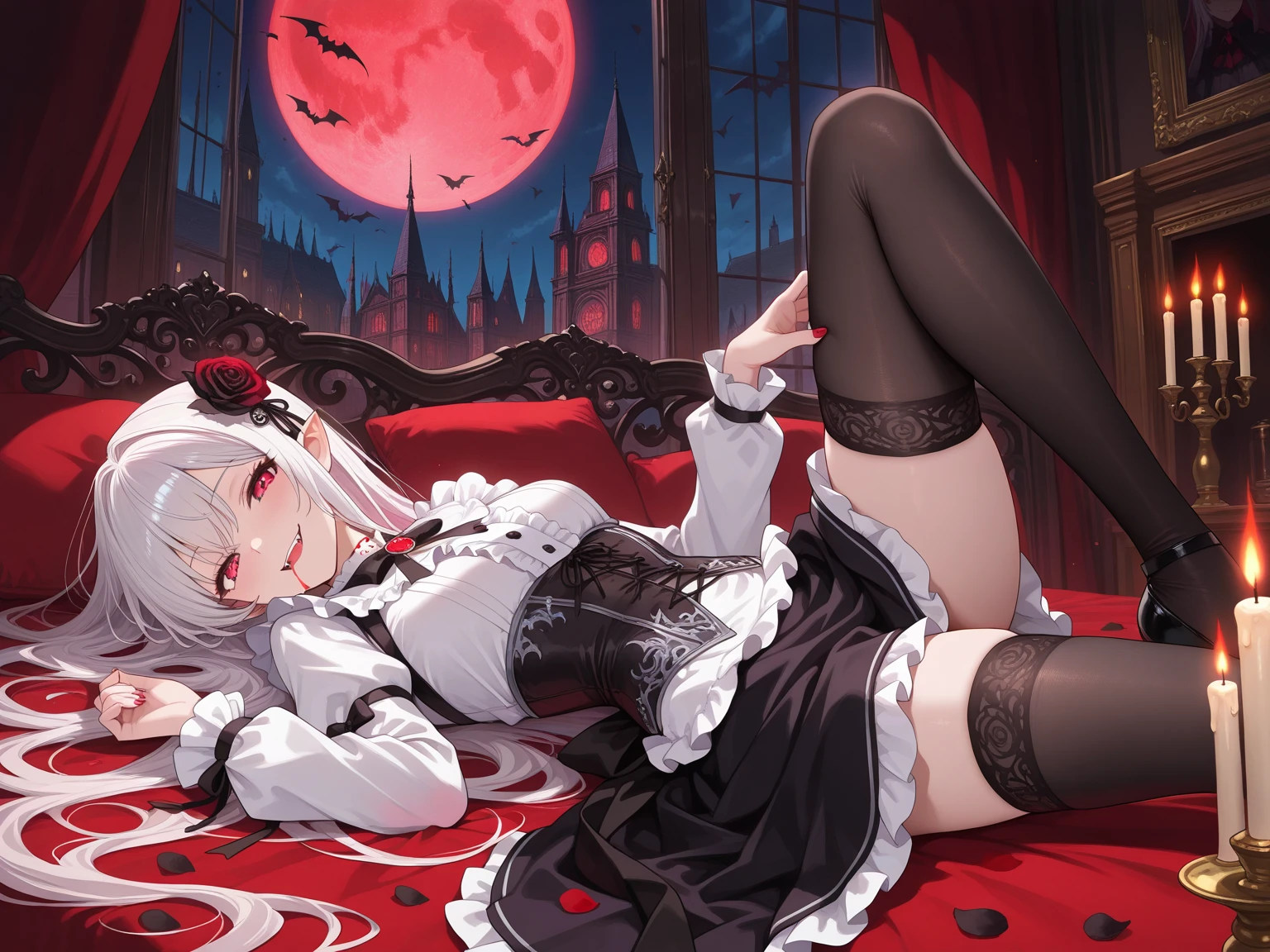 Masterpiece, best quality, Shaltear V4, 1girl, solo, dress, frills, bow, hair bow, fangs, smile, pale skin, glowing eyes, portrait, loli, quiet night, carriage, bat, tree, mountain, bright moon, stone road, plant, flower, forest, wild, cool tone, distant castle