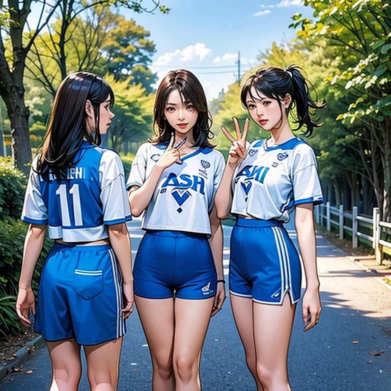 8K, cute, two girls, elementary school students, , young, black hair, ponytail, school track suit, white short sleeves, blue shorts, white high socks, soft smile, ((shiny skin)), medium bust, lying down