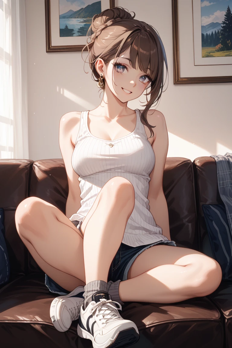 (Masterpiece, highest quality, high resolution, realistic photo, realistic looking skin:1.1),
(The woman is crouching with her legs closed with both knees and thighs together: 1.8), 
(We are sitting directly in front of her to see her panties: 1.8),
(She is resting both elbows on her knees and resting her cheekbones on her cheekbones:1.8),
(glimpse of panties: 1.5),
(smiling kindly expression:1.8),
(She is wearing a white tank top:1.8),
(She is wearing a denim mini-skirt: 1.8),
(She has bare legs and bare feet:1.8),
(panties are white with a pattern: 1.5),
(She has medium brown hair: 1.8),
(She is 18 years old and has a young face: 1.5), 
(She is the most beautiful girl in her grade: 1.5),
(She has ample breasts: 1.5),
(Location: apartment living room:1.5),
1 Japanese girl, solo, full bodied esbian, beautiful eyes, shining eyes, shining thighs, NSFW