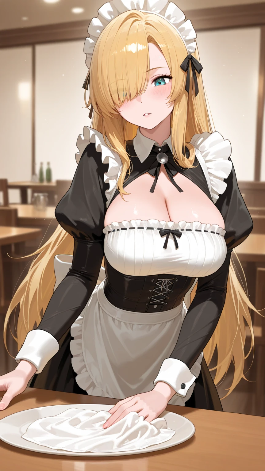 highres, sharp focus, pixiv masterpiece, ((intricate details)), highly detailed, solution_epsilon, (upper body,:1.2), 1girl, blonde hair, thighhighs, drill hair, cleavage, choker, maid, dress, frills, belt, blue eyes, <lora:Solution Epsilon v1_1:0.7>