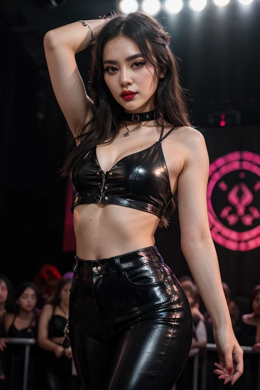 (8K、RAW Photos、Highest quality、masterpiece)、(Realistic、Realistic)Girl、((Bondage、Bodysuits、black、Thin legs、whole body、mini skirt、tights、boots、basement、View from the front、Looking into the camera、belt、Stand with hands on hips))、cute