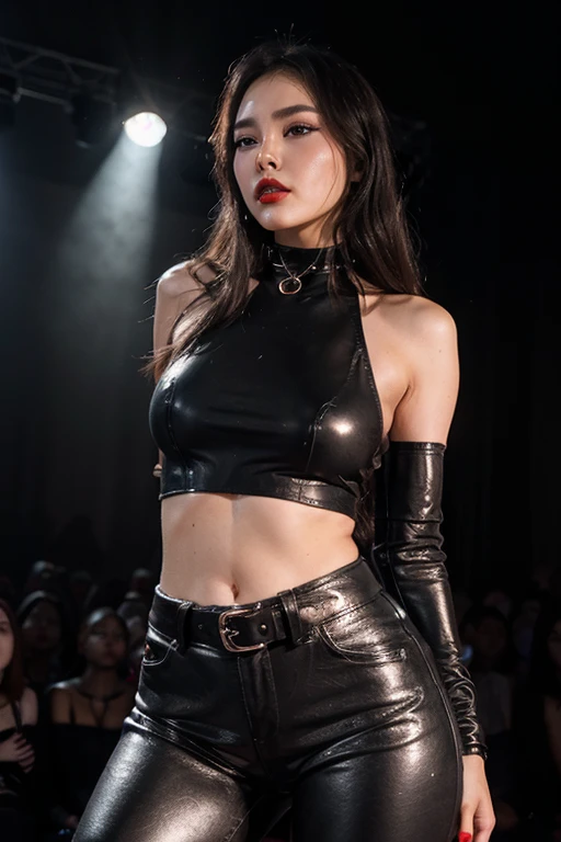 (8k、RAW Photos、top-quality、masterpiece:1.2)、(realistic Photo-realsitic:1.37)、1girl in、japanese, 18-years old, face lights, Detailed face, slightly cunning smile, Detailed lips, (wearing a black faux leather jacket over silver armored bra:1.5), (exposed right shoulder and armpit :1.5), seductive pose, opened jacket, long black hair,