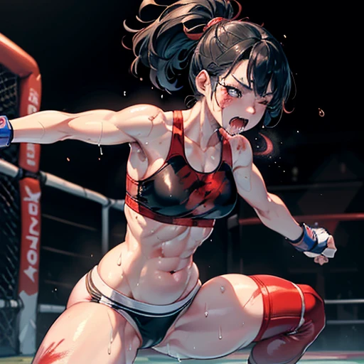 her body and face are taking a lot of punches and kicks from another girl. a bloody crying beautiful Japanese female heavyweight fighters is cornered in a wire fence. in the octagon fighting ring of underground arena with audience. she is fighting. stangding down. She is groggy. she is beated. whole body picture. she is covered in scars and bruises. she is damaged terribry. Short-cut black hair, out of breath, drooping eyebrows, drooling from mouth, one eye is closed, exhausted, drenched in sweat. Erect nipples. open finger glove. Ragged white and pink lined sports bra, high leg panty, Stockings. armwarmers. small breasts, armwarmers. Whittled waistline, muscular, six-pack abs, very thick arms and thighs, super huge tits.