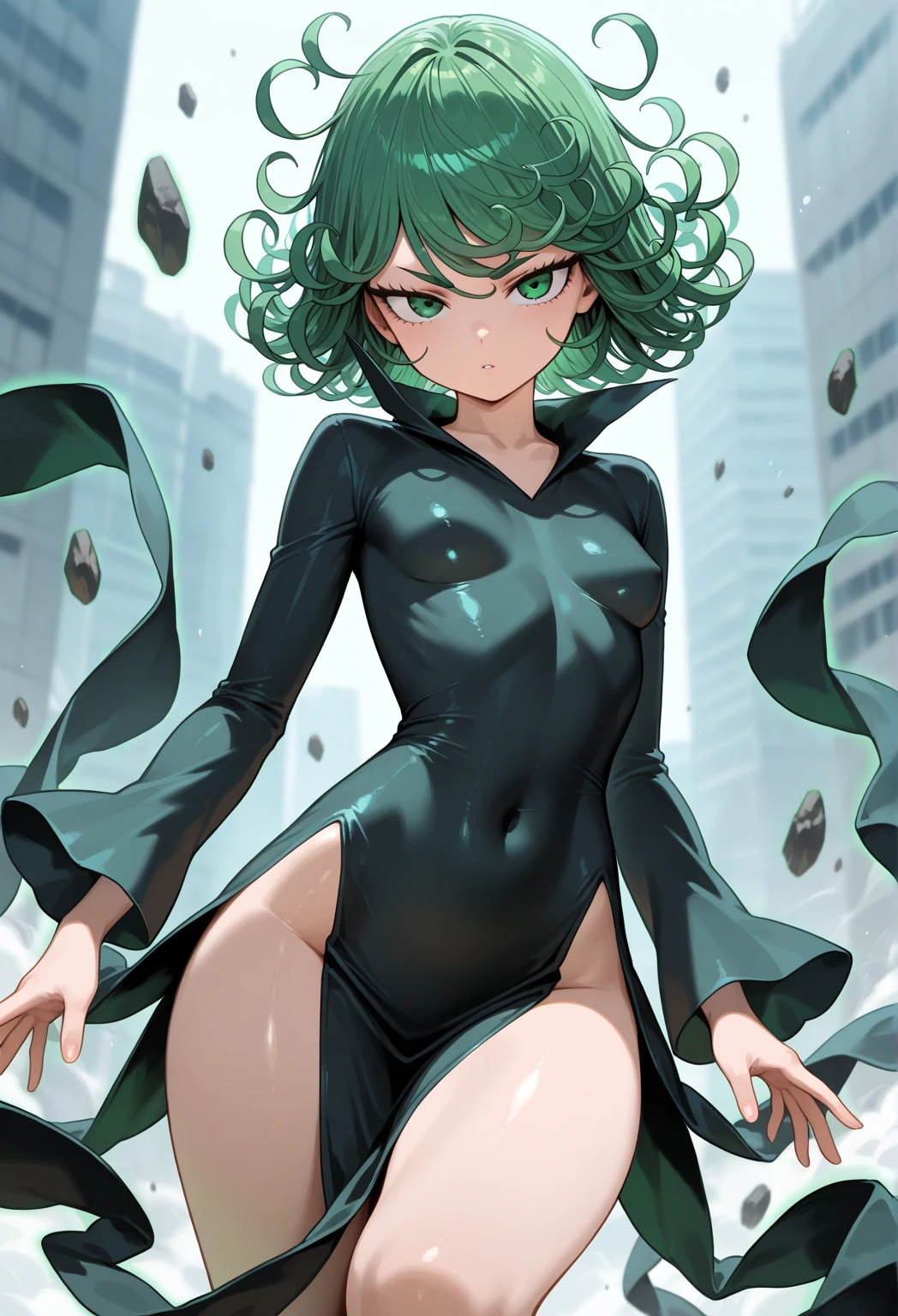 1girl,solo, Tatsumaki, black dress with high collar, long V-neckline, hands on hips, more_details:1.5, pelvic curtain, flat chest, flying, from front , focused, bare legs, floating, beautiful eyes, pupils, thighs, levitating clothes, arrogant, closed mouth, angry, tatsumaki, green eyes, green hair, more prism, vibrant color