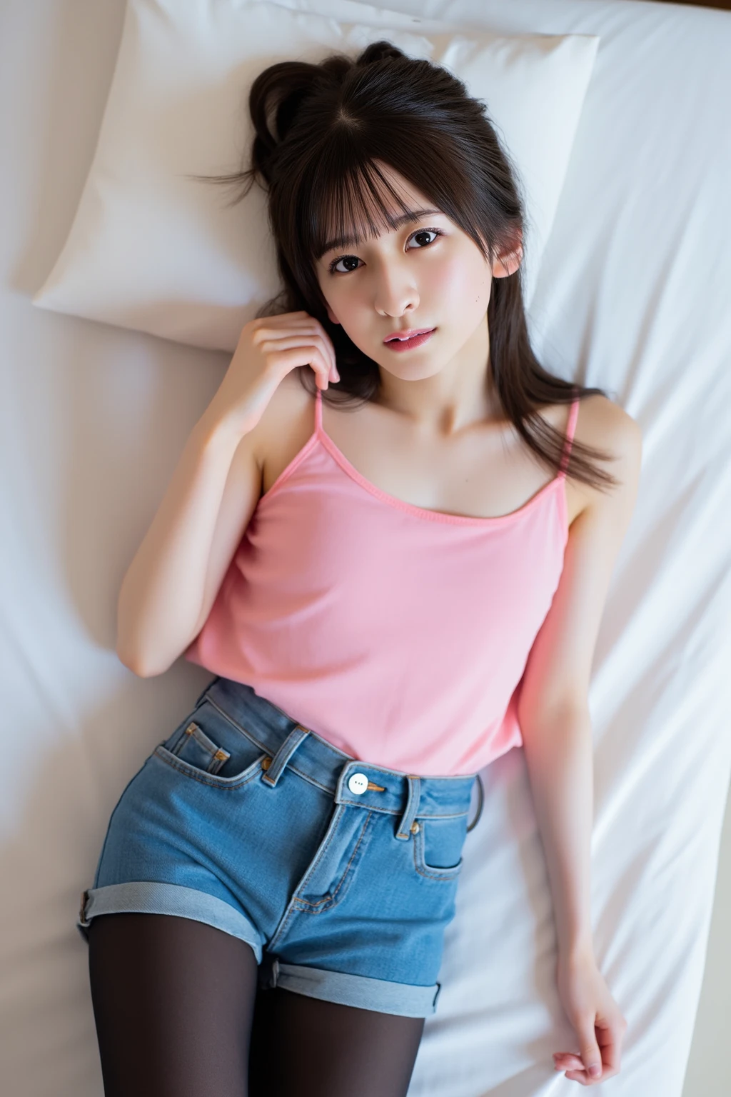 (((Highest quality,Very detailed,masterpiece,Very detailed))) ,(((Spread your legs))),Loose breasts,seems to be happy,See through,camisole,one piece,barefoot,One Girl,Realistic,Lying down,Bedroom、Looks sleepy