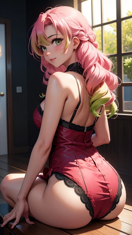 table, Mitsurikan Log, Mitsuri Kanrodzi, hair, Gradient hair, (Green eyes:1.5), green hair, long hair, a mole, a mole under the eyes, multicolored hair, pink hair, Twin hairs, two tone hair, split, break looking at viewer, INDOOR BREAK, break (table:1.2), Best quality, A high resolution, Обои Unity 8k, (Illustration:0.8), (beautiful detailed eyes:1.6), very detailed face, perfect lighting, Extremely detailed computer graphics, (perfect hands, Ideal Anatomy),multicolored hair, The whole body was reflected, (Off Shoulder Suits:1.5), ((chest wide open and exposed)), (smile), ((underwear)), ((torn clothes)), ((bikini)), , ((torn clothes))