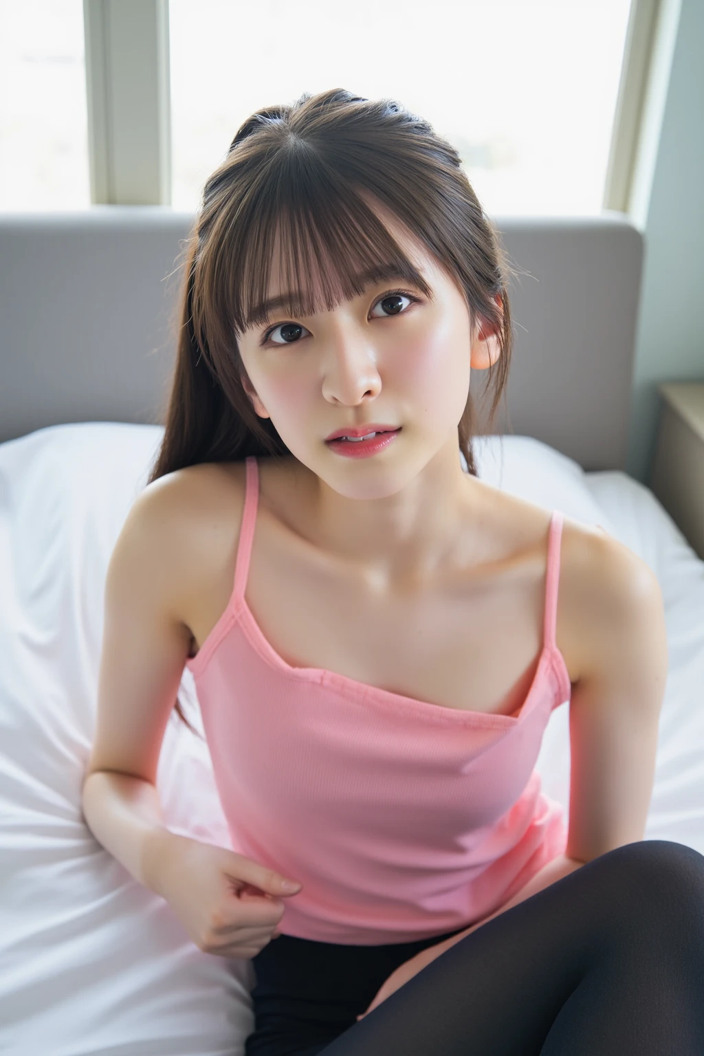 (dark Lighting, at bedroom, 1 girl, flat chest, see-through pink camisole and panties, medium hair, brown hair, spread legs, Lying on bed:1.5), fair-skinned, glossy lips, skinny, body type, delicate and sexy clavicle, highest quality, RAW photo, realistic, face, incredibly ridiculous beautiful girl, cute, Depth of bounds written, High resolution, ultra detail, detailed, Very detailed, extremely detailed eye and face, sharp pupils, sharp focus