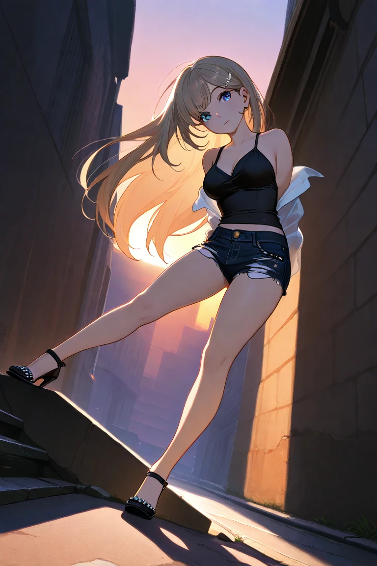 girl，Young，、（masterpiece，Highest quality），Street，(Brown Skin)、Completely naked，Bare shoulders、Gal、Blonde、smile、passionate、long hair、(Underboob)，Big Breasts，Cleavage，(stomach)，Black mini tube top、looking at the camera、barefoot、A very short black micro mini skirt，(Ultra Micro Mini Pleated Skirt)，Strong winds、No underwear、The skirt is blown up by the wind、solo、Are standing、barefoot、City、Embarrassing、Peeing、Soaking wet