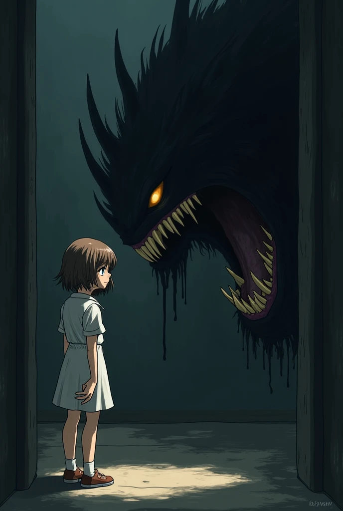Anime girl in white dress surrounded by three demonic creatures with red eyes and sharp teeth in a dark place