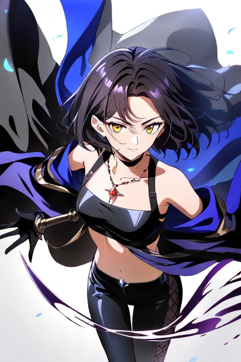vampire queen, small breast, battle skirt, (royal cape:1.1), black and purple color, sexy and devil aura, original character, masterpieces, seducing purple pupil, (multicolor high pony tail 1:1.2), purple gem accessories, golden belt, golden necklace, windy and evil effect, soft moon lights, extremely delicate and beautiful eyes, unique crown, (corruption tattoo 1;1.25), naughty face, 16k, gorgeous, off-shoulder, cute, petite, solo
