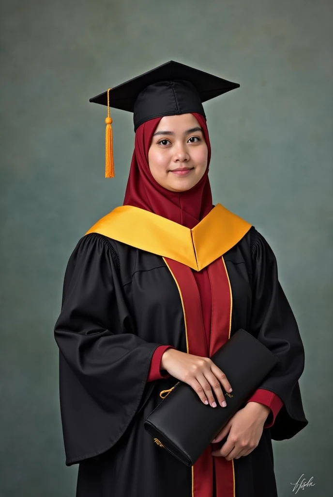 Consept art photography, fan art photography, a women, wearing hijab, wearing black graduation hat, Wearing black graduation gown, wearing pastel green graduation hood, pastel brown theme background, Standing pose, leaf effect background, university background, pastel brown lighting effect,bright results, perfect pose, kawaii design