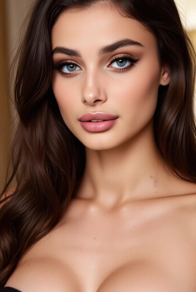 Femme Arafed complètement , ana de armas, fille sexy aux yeux bruns, ultra réaliste, Méticuleusement détaillé, Portrait Sophie Mudd, cheveux bruns et grands yeux, Selfie d’une jeune femme, Yeux de chambre, Violet Myers, sans maquillage, maquillage naturel, Regarder directement la caméra, Visage avec Artgram, Maquillage subtil, Superbe photo du corps entier agenouillée sur le lit, dans le salon, Buste de taille moyenne à grande