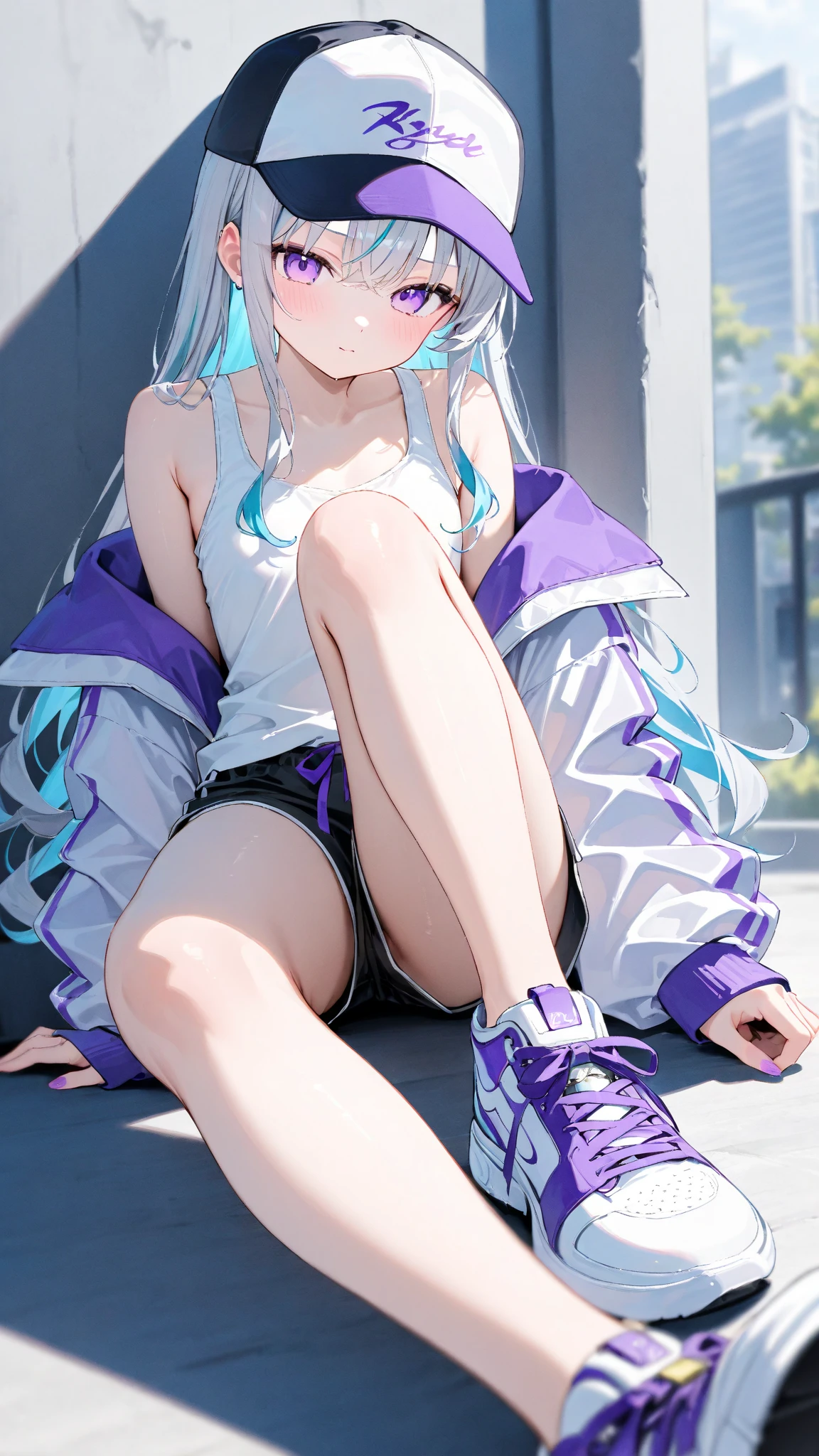 (highest quality,8k,High resolution, masterpiece:1.2), Super detailed, High resolution、One Girl、Light purple hair color、There are some stylish pink lines in her hair.、ponytail、older sister、Top jersey、Jacket size XL、hot pants、Beautiful feet、Thin legs、Naughty expression、Mocking look